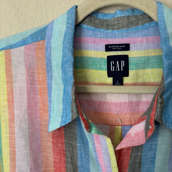 GAP 100% Linen Rainbow Striped Oversized Boyfriend Button Up Shirt - Picture 3 of 13